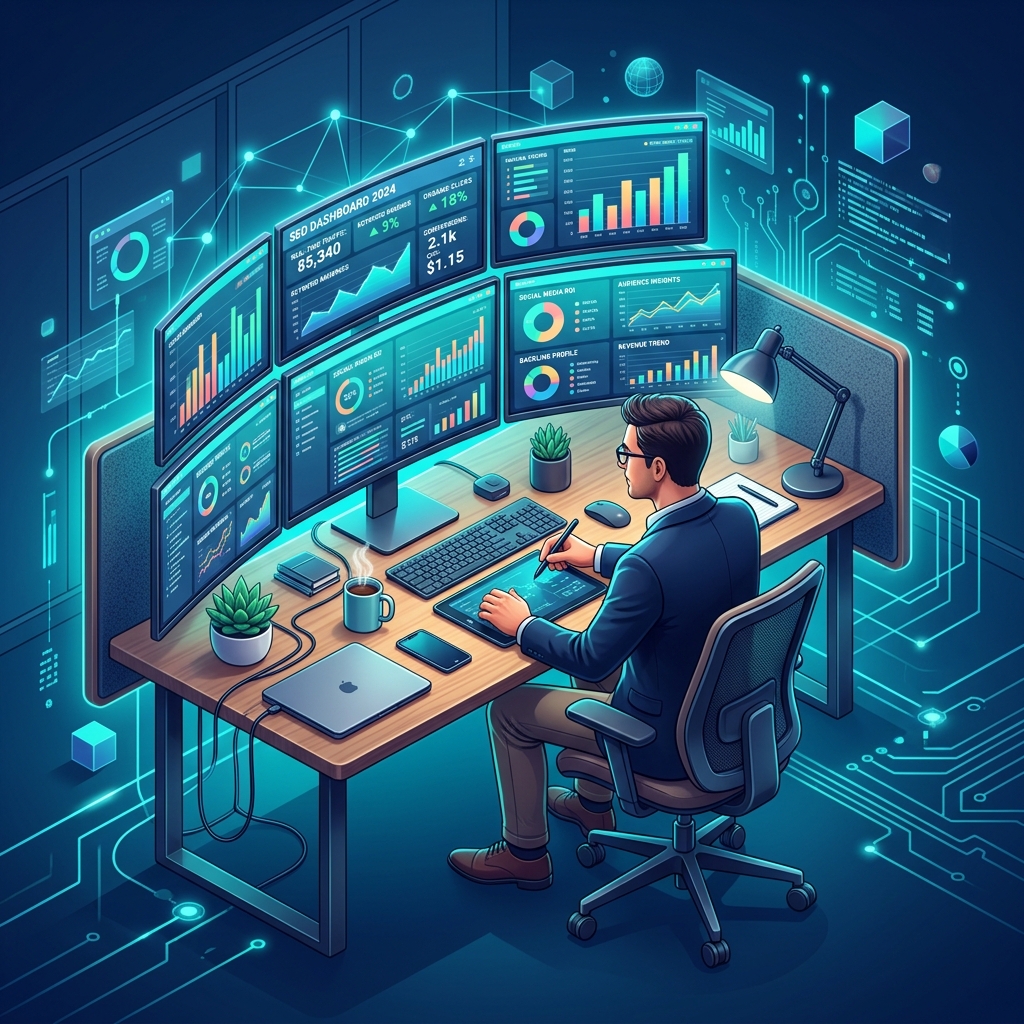 Illustration homme au bureau agence MI Marketing